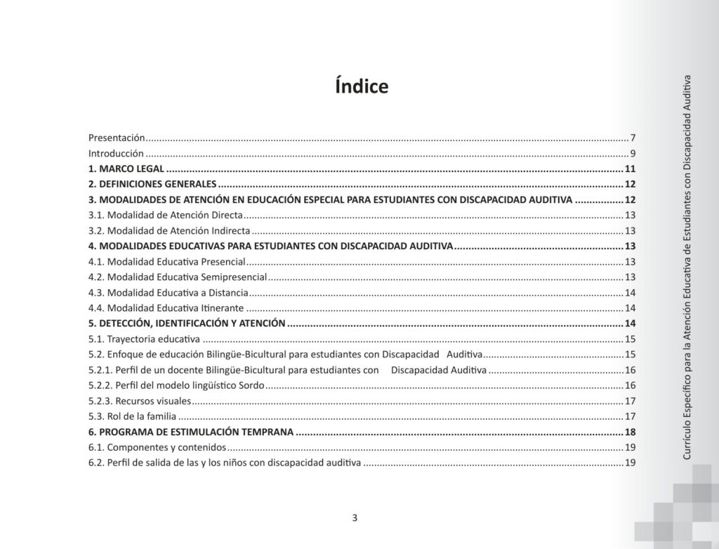 Currículo Específico para la Atención Educativa de Estudiantes con Discapacidad Auditiva (MINEDU) PDF 3 Índice de Currículo Específico para la Atención Educativa de Estudiantes con Discapacidad Auditiva (MINEDU) PDF