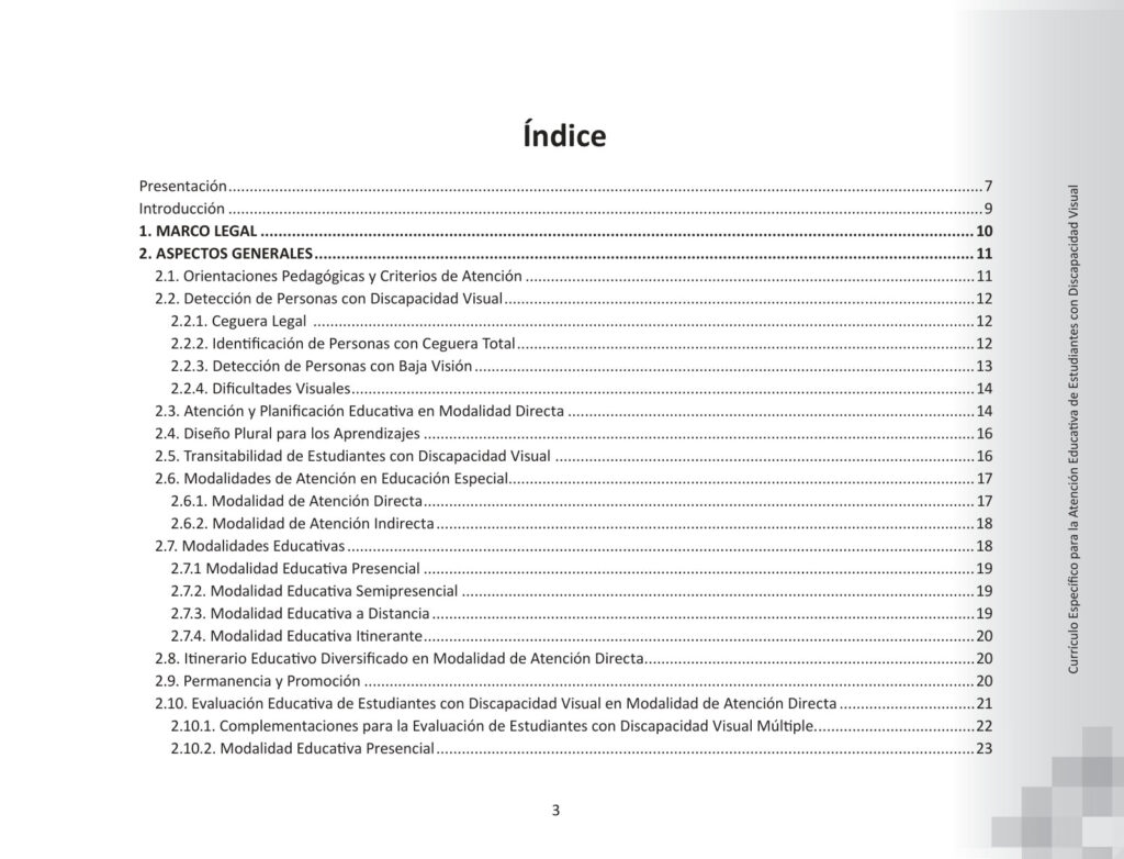 Currículo Específico para la Atención Educativa de Estudiantes con Discapacidad Visual (MINEDU) PDF 3 Índice de Currículo Específico para la Atención Educativa de Estudiantes con Discapacidad Visual (MINEDU) PDF