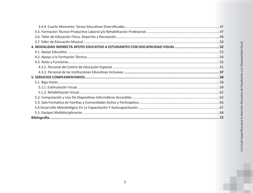 Currículo Específico para la Atención Educativa de Estudiantes con Discapacidad Visual (MINEDU) PDF 5 Índice de Currículo Específico para la Atención Educativa de Estudiantes con Discapacidad Visual (MINEDU) PDF (3)