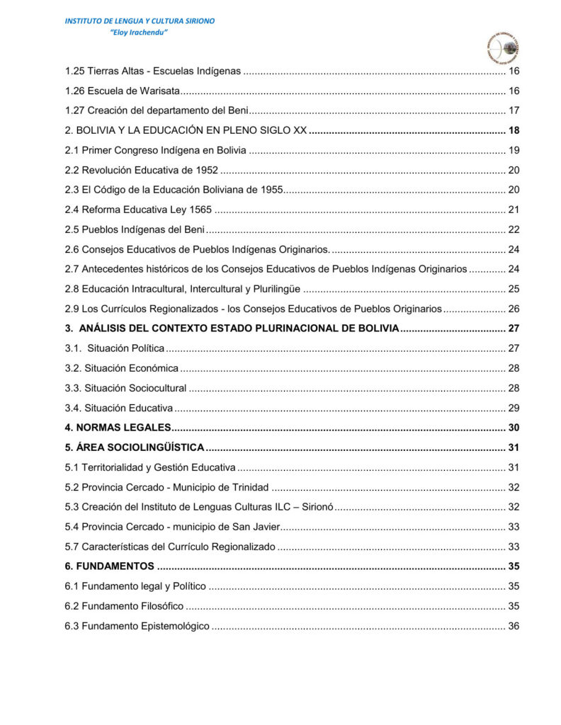 Currículo Regionalizado de la Nación Indígena SIRIONO (MINEDU) PDF 4 Índice de Currículo Regionalizado de la Nación Indígena SIRIONO (MINEDU) PDF (2)