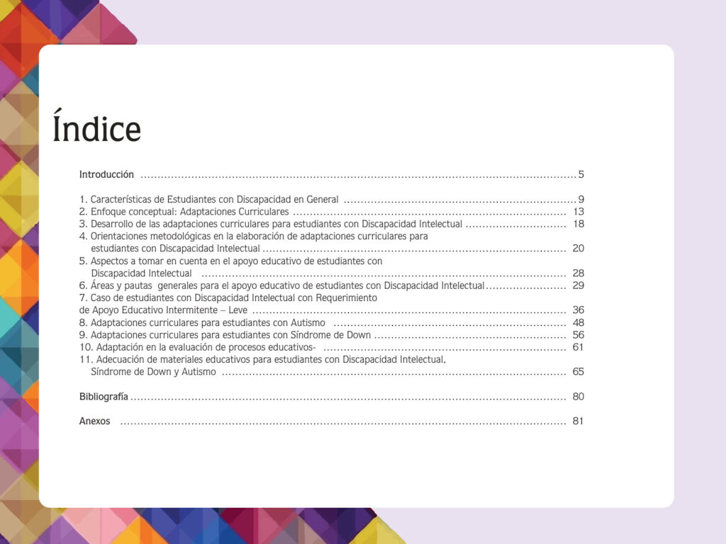 Índice de Guía de Adaptaciones Curriculares para Estudiantes con Discapacidad Intelectual, Síndrome de Down y Trastorno del Espectro Autista (MINEDU) PDF