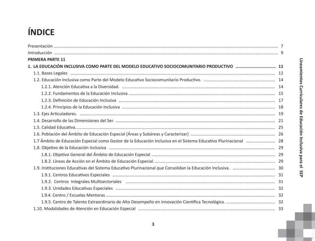 Índice de Lineamientos Curriculares de Educación Inclusiva para el Sistema Educativo Plurinacional (MINEDU) PDF