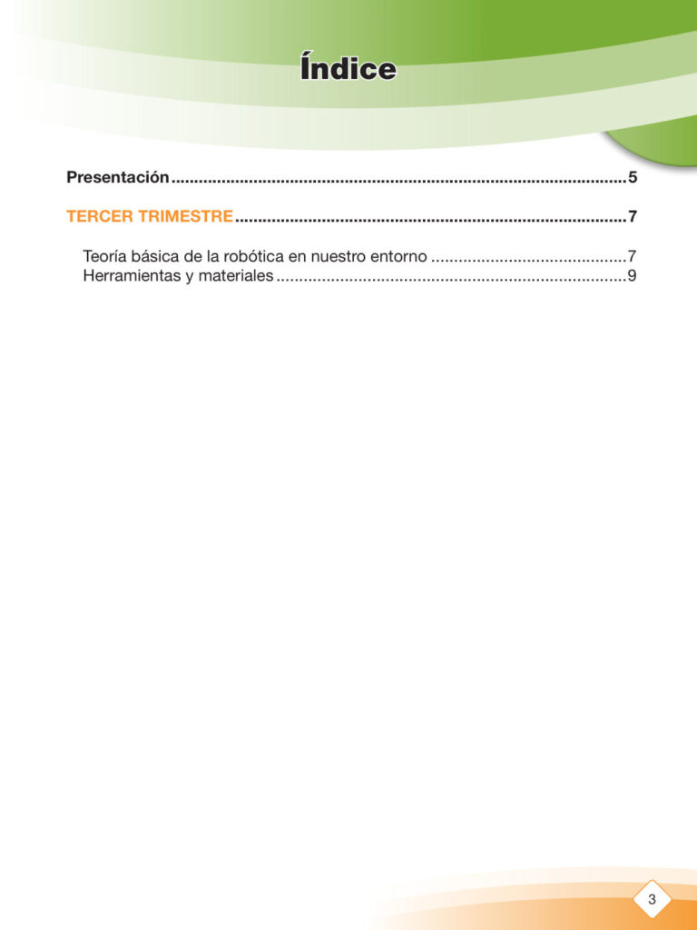 Texto de Robótica 1ro de Primaria (MINEDU) PDF 3 Índice de Texto de Robótica 1ro de Primaria